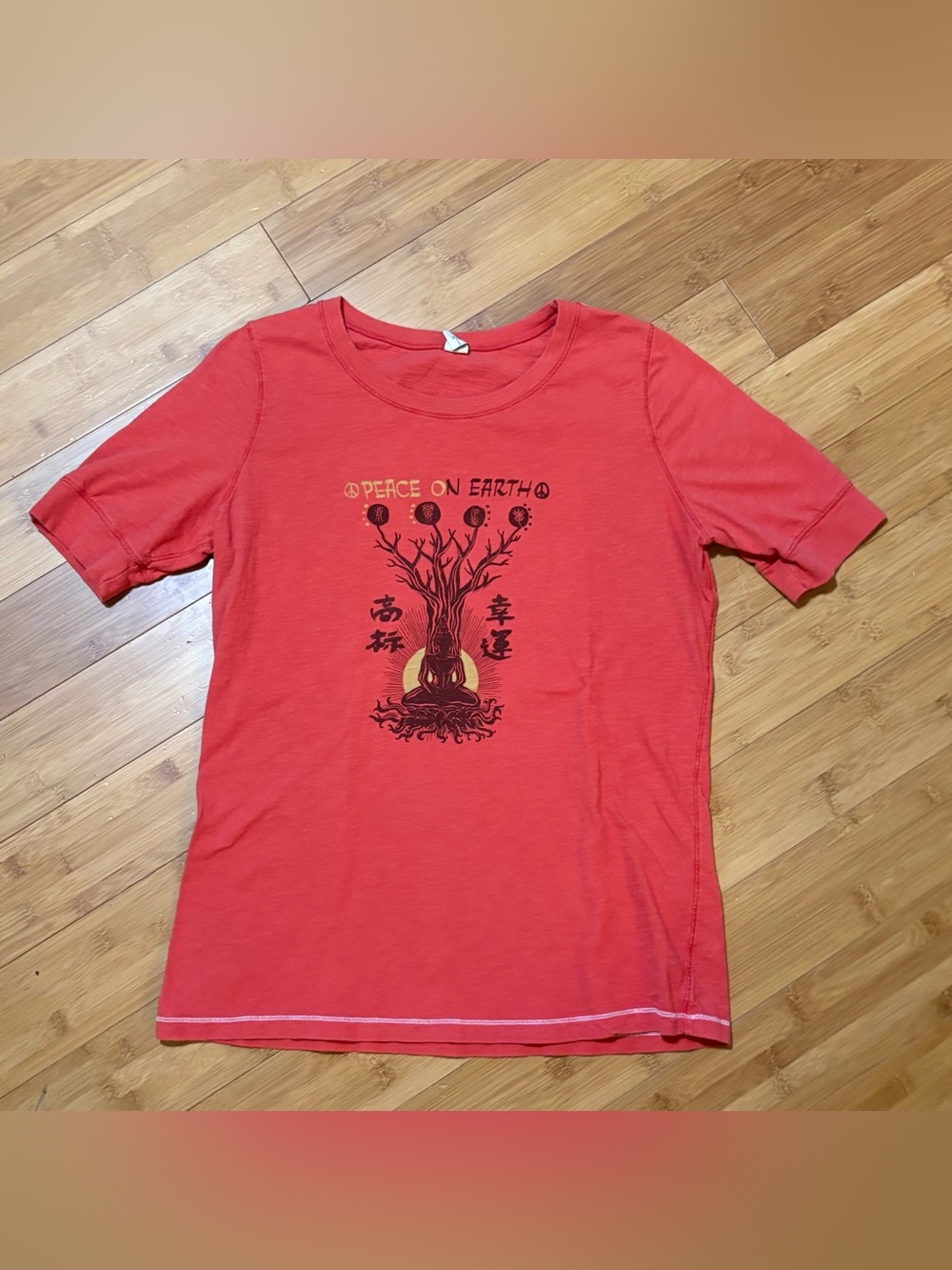 Vintage Lucky Brand Peace On Earth Buddha T Shirt Womens XL Red Y2K Boho